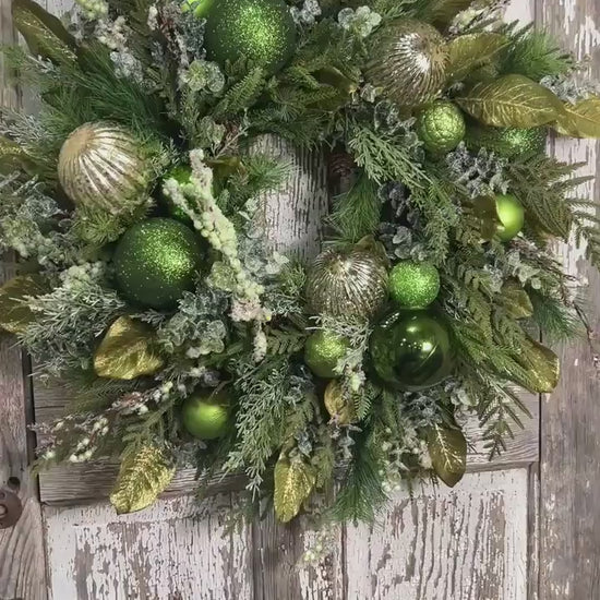 Christmas Grapevine wreath with Pine, Green and Gold Ornaments with sparkling foliage for the holidays