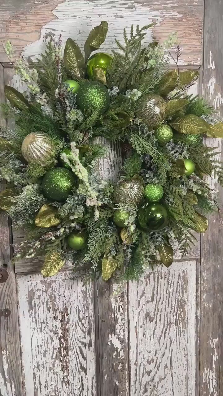 Christmas Grapevine wreath with Pine, Green and Gold Ornaments with sparkling foliage for the holidays