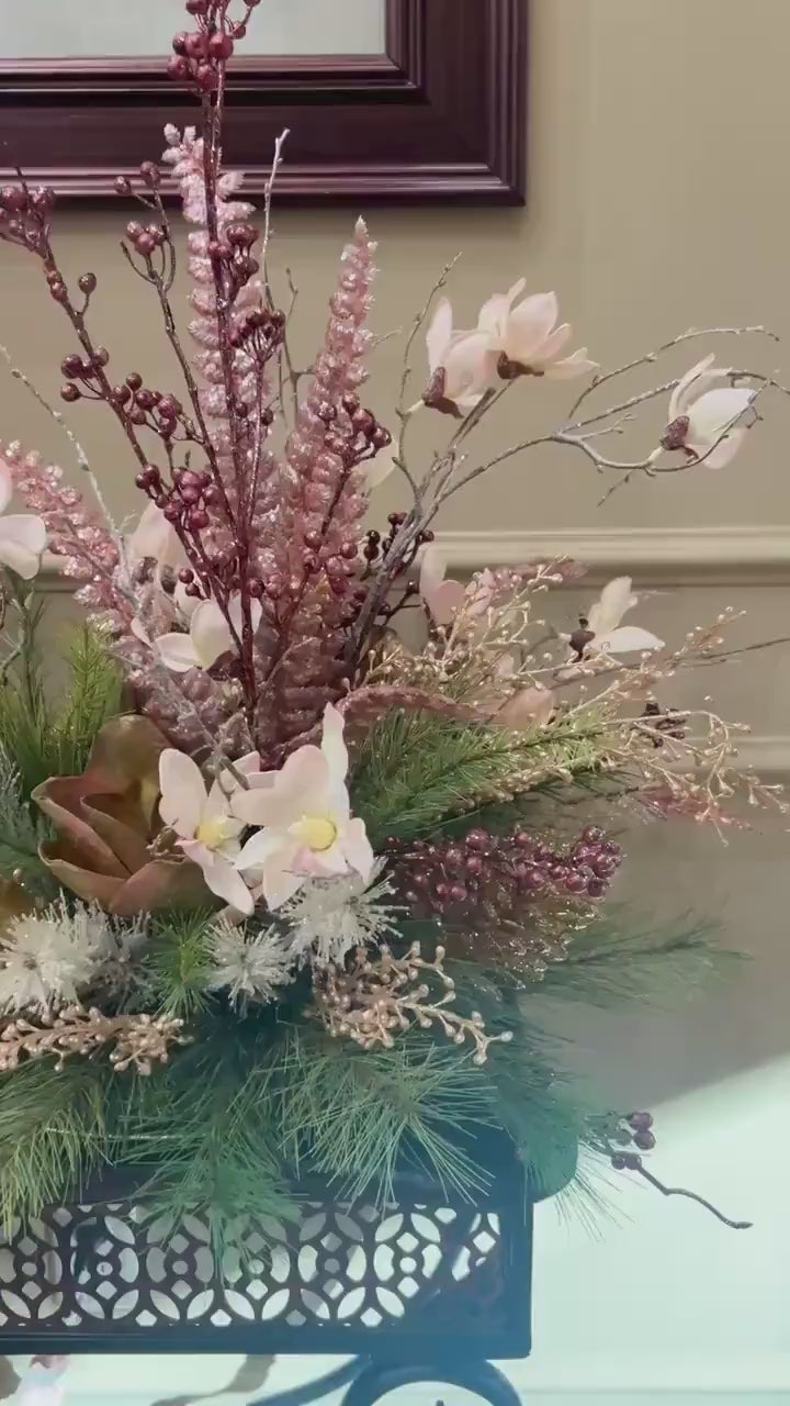 Floral Centerpiece Arrangement for Winter or Christmas -Elegant Magnolias