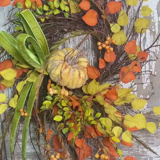 Whispy Fall Grapevine Twig Wreath with Pumpkin