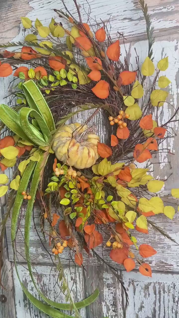 Whispy Fall Grapevine Twig Wreath with Pumpkin