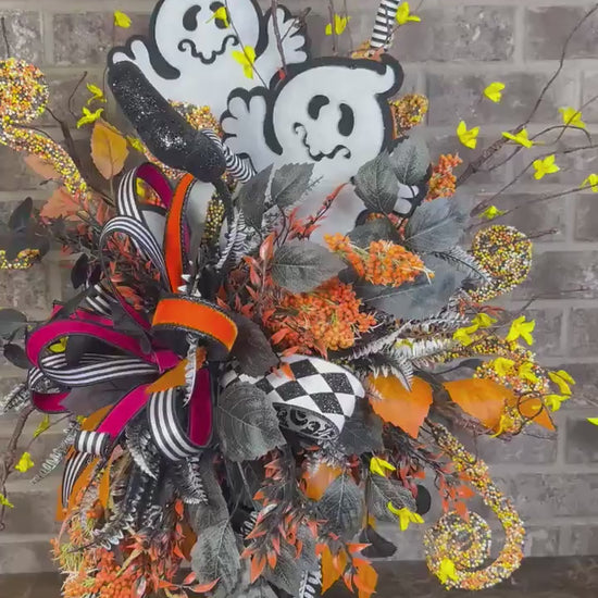Halloween Whimsical Ghost Arrangement - Halloween Decor - Ghost Centerpiece with on Candlestick arrangement - Halloween festive Ribbons