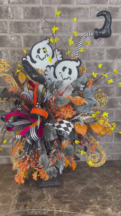 Halloween Whimsical Ghost Arrangement - Halloween Decor - Ghost Centerpiece with on Candlestick arrangement - Halloween festive Ribbons