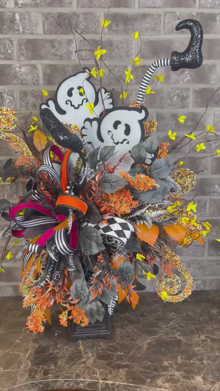 Halloween Whimsical Ghost Arrangement - Halloween Decor - Ghost Centerpiece with on Candlestick arrangement - Halloween festive Ribbons