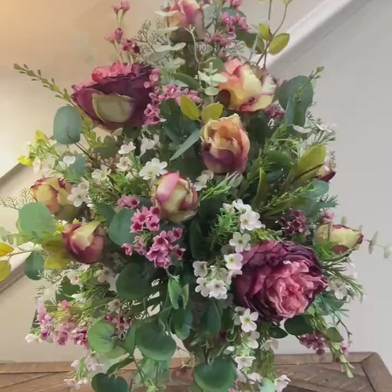 Cabbage Rose Table Arrangement - Vintage Container- Front Facing Arrangement