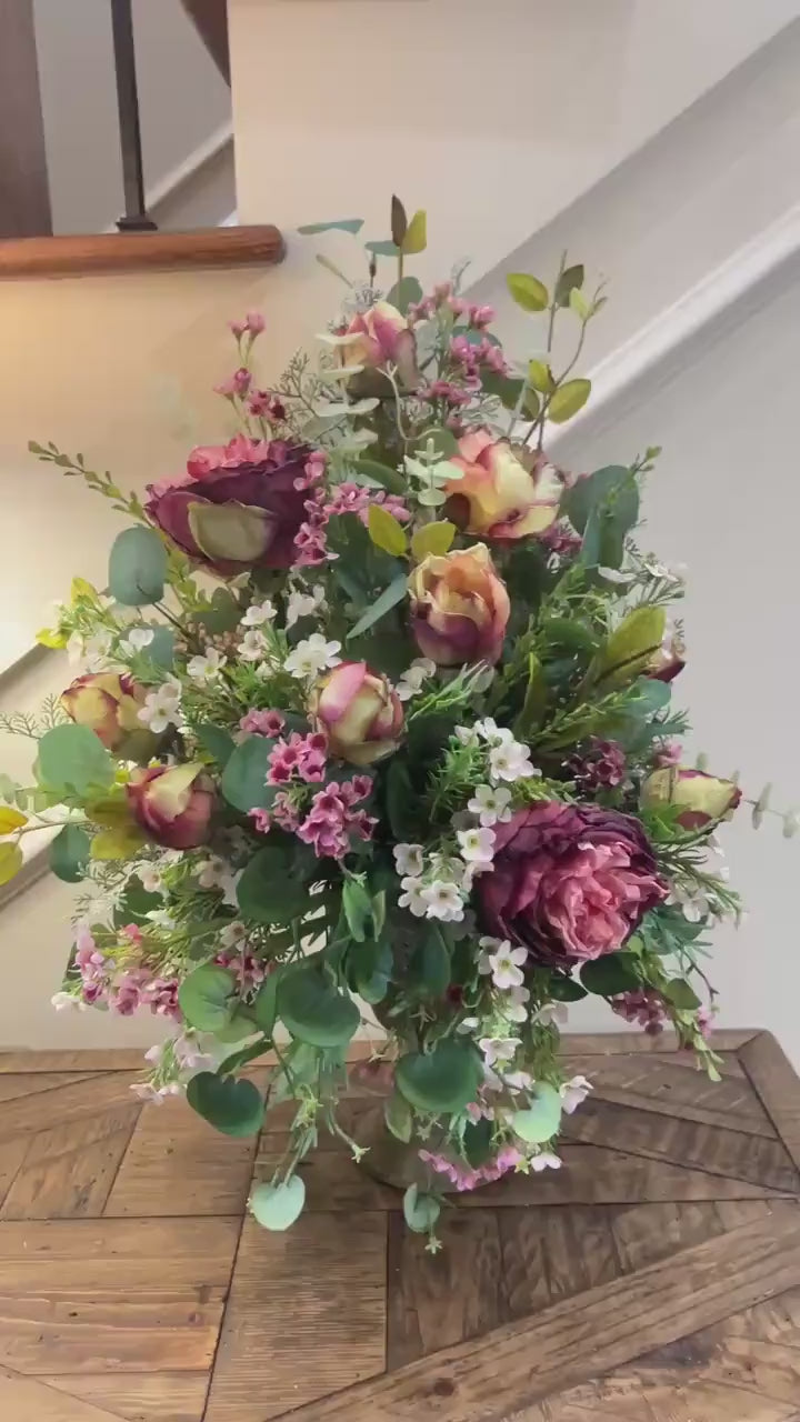 Cabbage Rose Table Arrangement - Vintage Container- Front Facing Arrangement