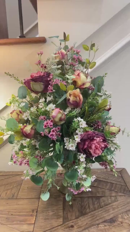 Cabbage Rose Table Arrangement - Vintage Container- Front Facing Arrangement