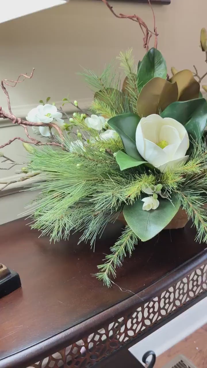 Magnolia arrangement with assorted pines - wooden container, Elegant Table centerpiece, Farmhouse Table Decor,
