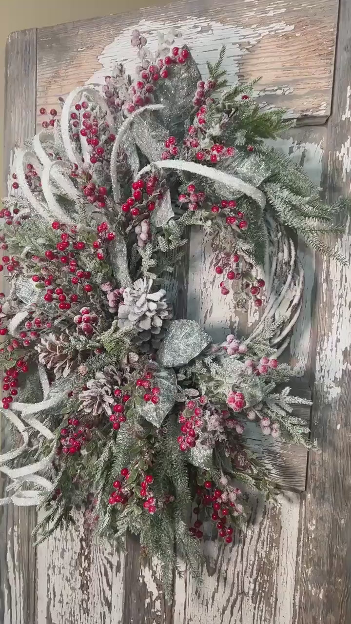 Winter Snowy Pine and Red Berry Snowy Willow Wreath - Pine Cones and Snowy White Streamers