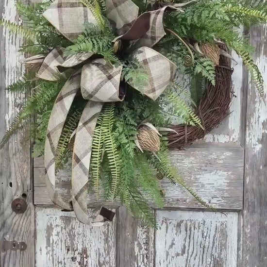 Rustic Woodland Fern and Protea Bud Grapevine Wreath - Designer Wired Ribbon with Tails