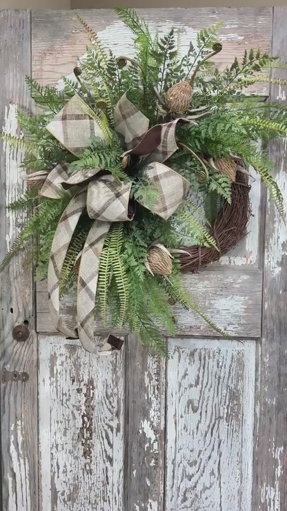 Rustic Woodland Fern and Protea Bud Grapevine Wreath - Designer Wired Ribbon with Tails