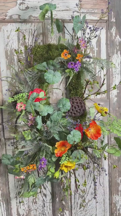 Moss Rectangle Metal Woodland Poppy and Twig Vine Wreath