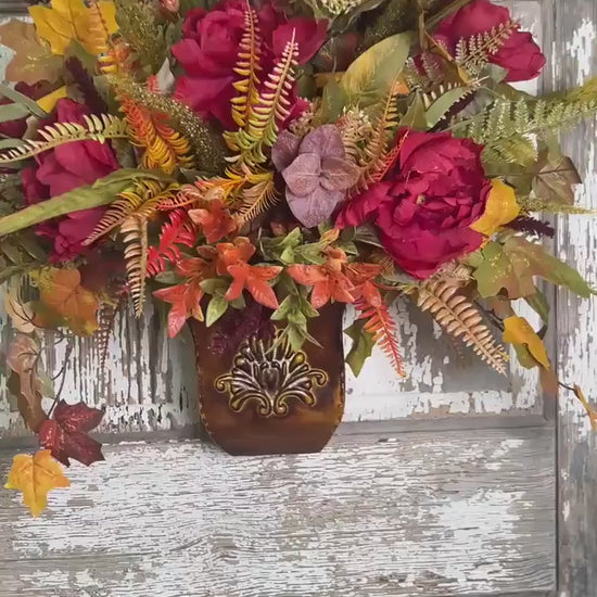 Farmhouse Fall Wall or Door Hanger- Large Peonies, Ferns and Fall Leaf Foliage