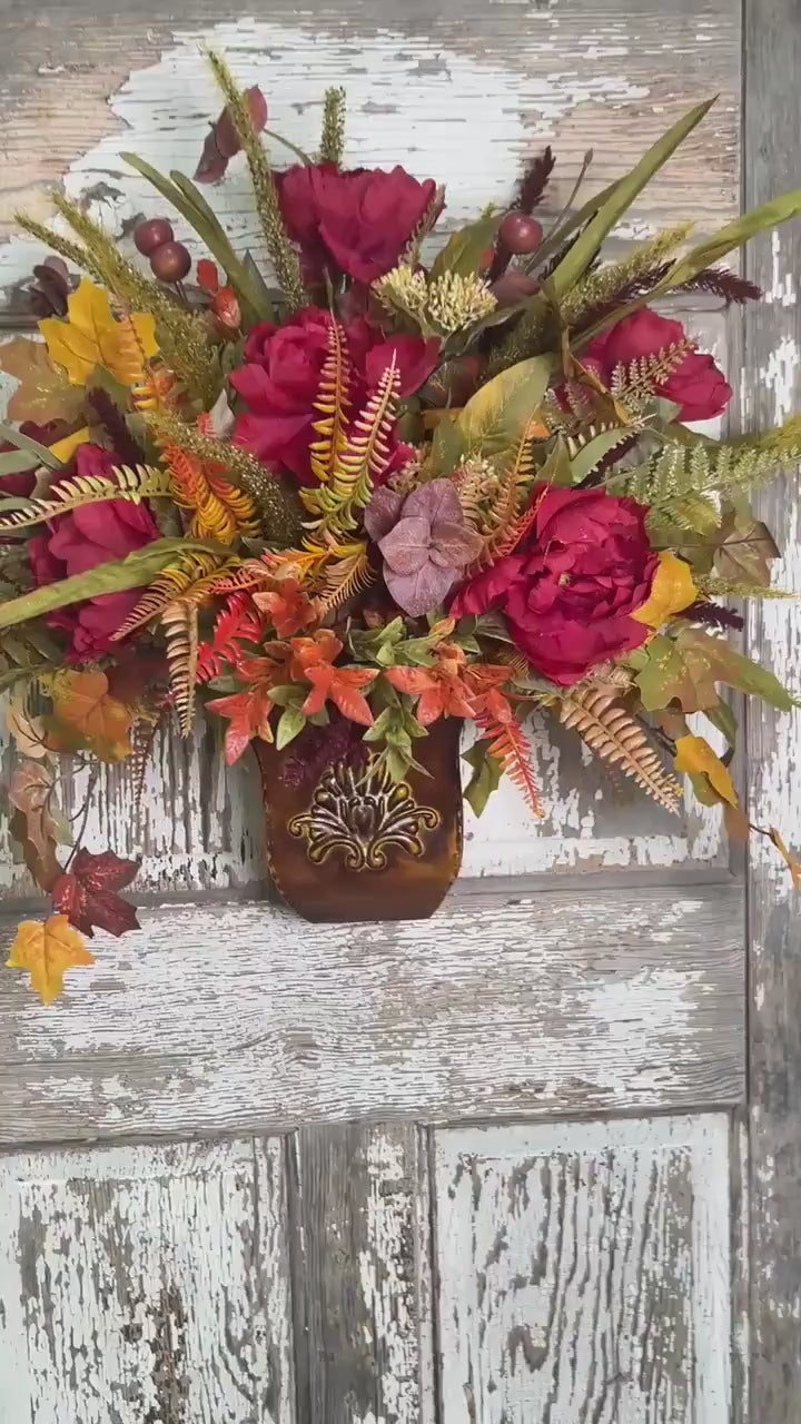 Farmhouse Fall Wall or Door Hanger- Large Peonies, Ferns and Fall Leaf Foliage