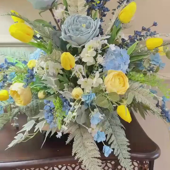 Designer Spring Real Touch Tulip and Florals Arrangement - Flowering Blue Astilbes