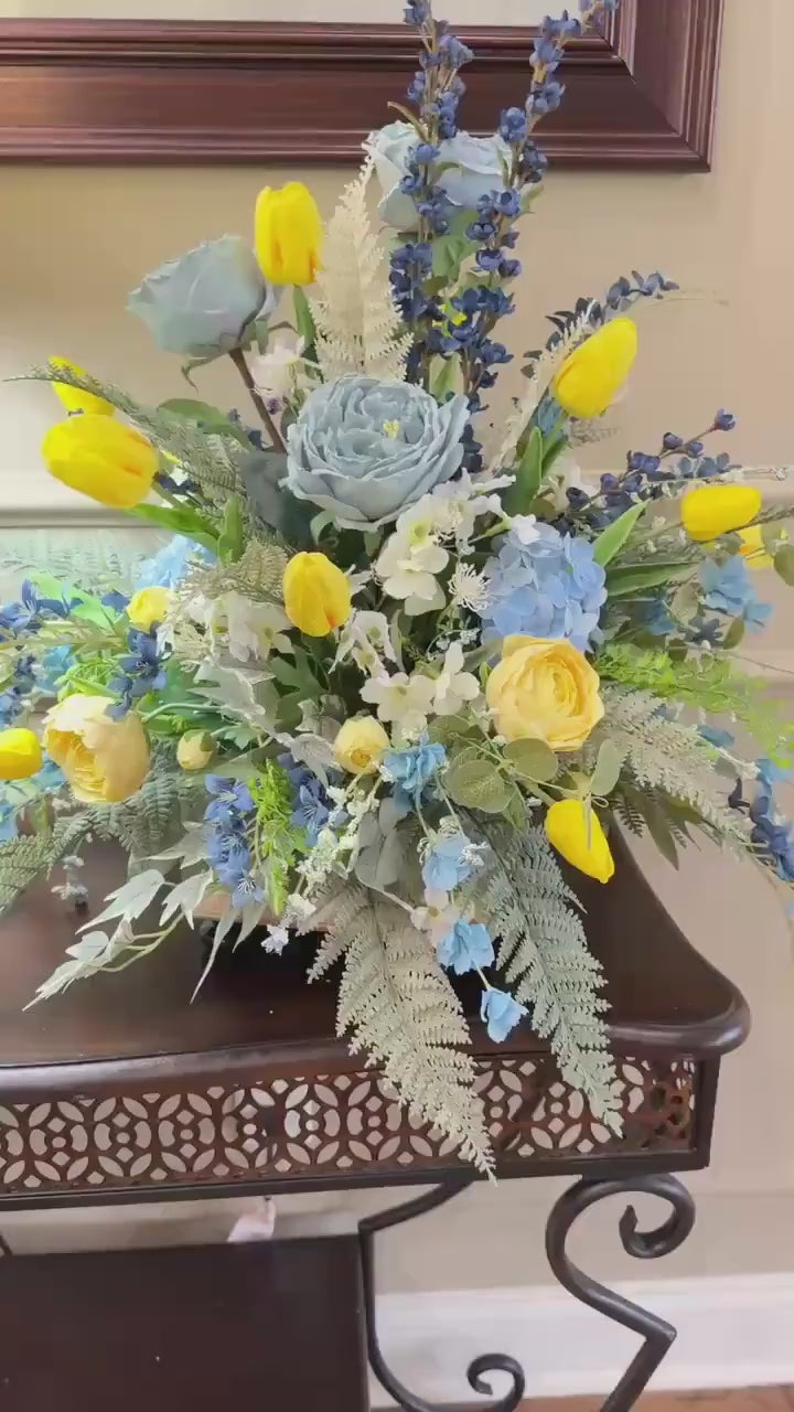 Designer Spring Real Touch Tulip and Florals Arrangement - Flowering Blue Astilbes