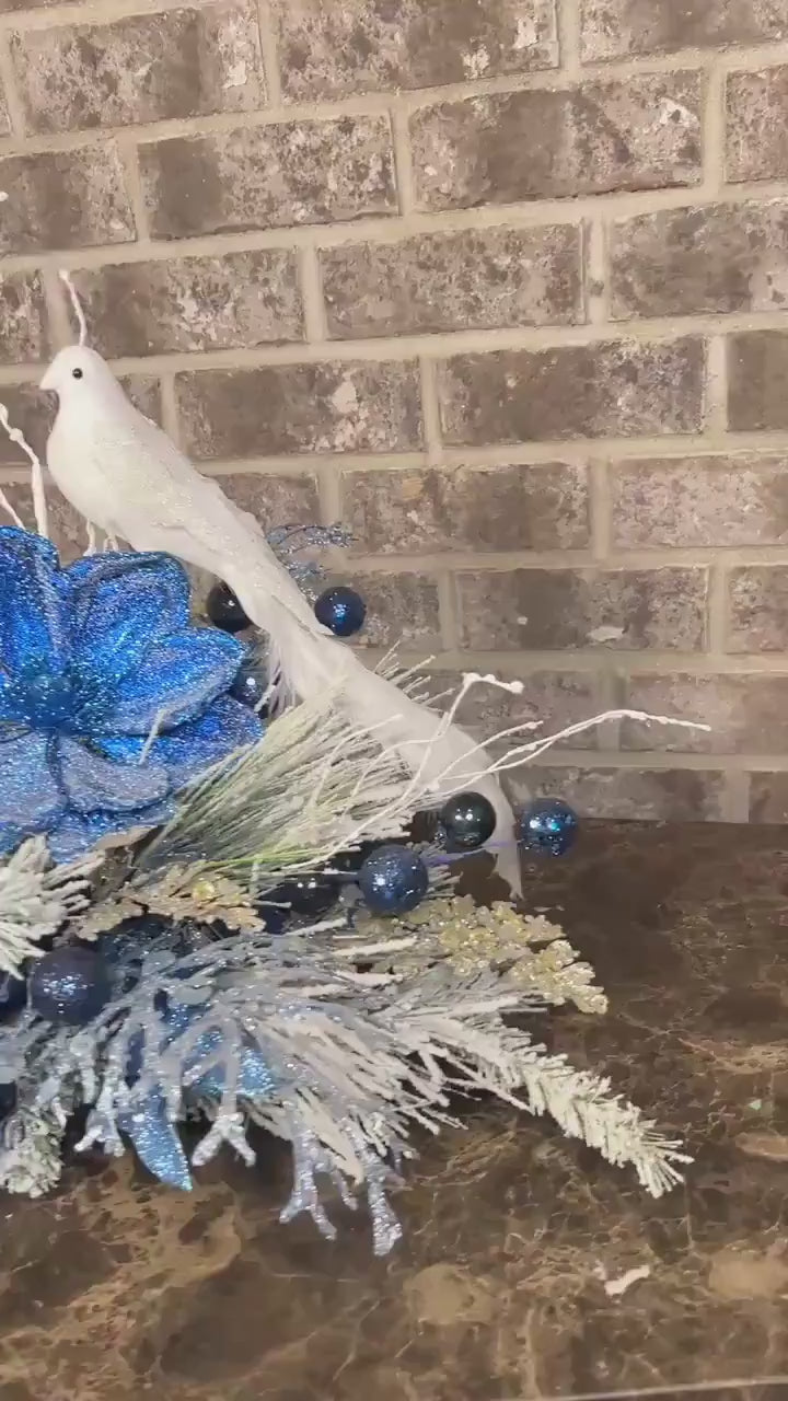 Winter Arrangement with Navy Shimmer Poinsettia with White Dove - Navy Glitter ball accents