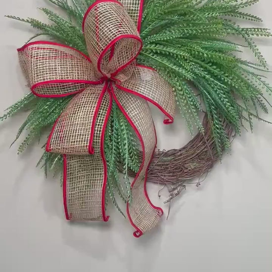 Beaded Grass Christmas Wreath with Open Weave Burlap Bow with Red Fabric Edging.  Simplicity at it’s best for the holidays! Farmhouse Decor
