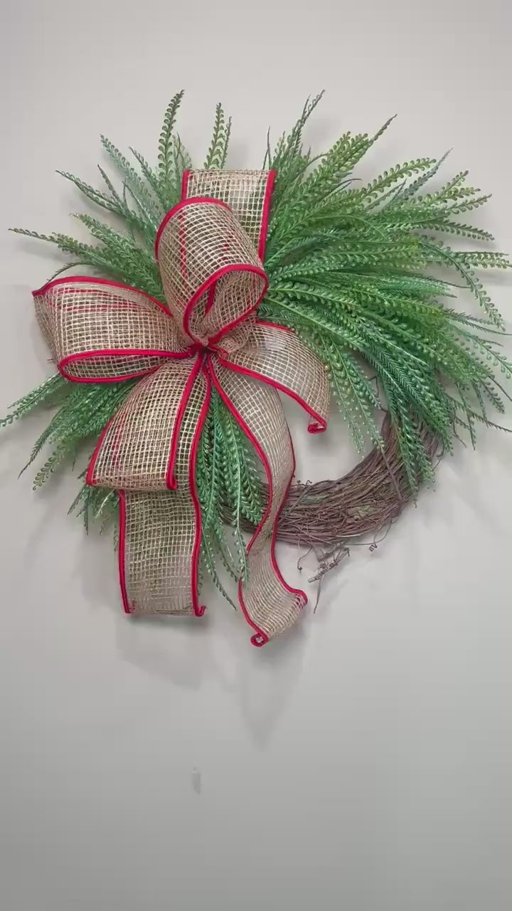 Beaded Grass Christmas Wreath with Open Weave Burlap Bow with Red Fabric Edging.  Simplicity at it’s best for the holidays! Farmhouse Decor