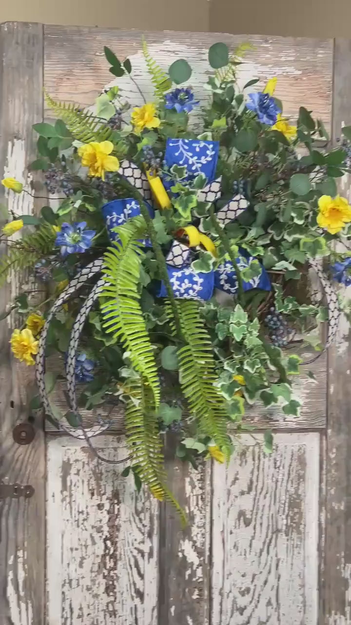 Garden Rose Designer Wreath - Twig Wreath Base with Designer Ribbon