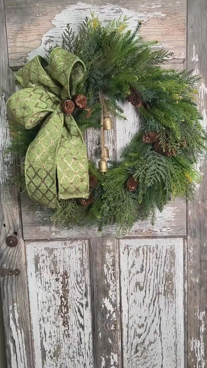 Woodland Cedar and Pine Christmas Wreath with Pine Cones -Designer Ribbon Bow and Gold Bells