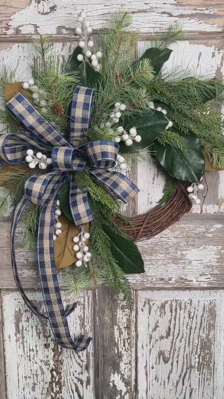 Rustic Winter Wreath with Navy Plaid Bow, Magnolia Leaf and Pine Christmas Wreath, Holiday Front Door Decor, Handmade Evergreen Wreath