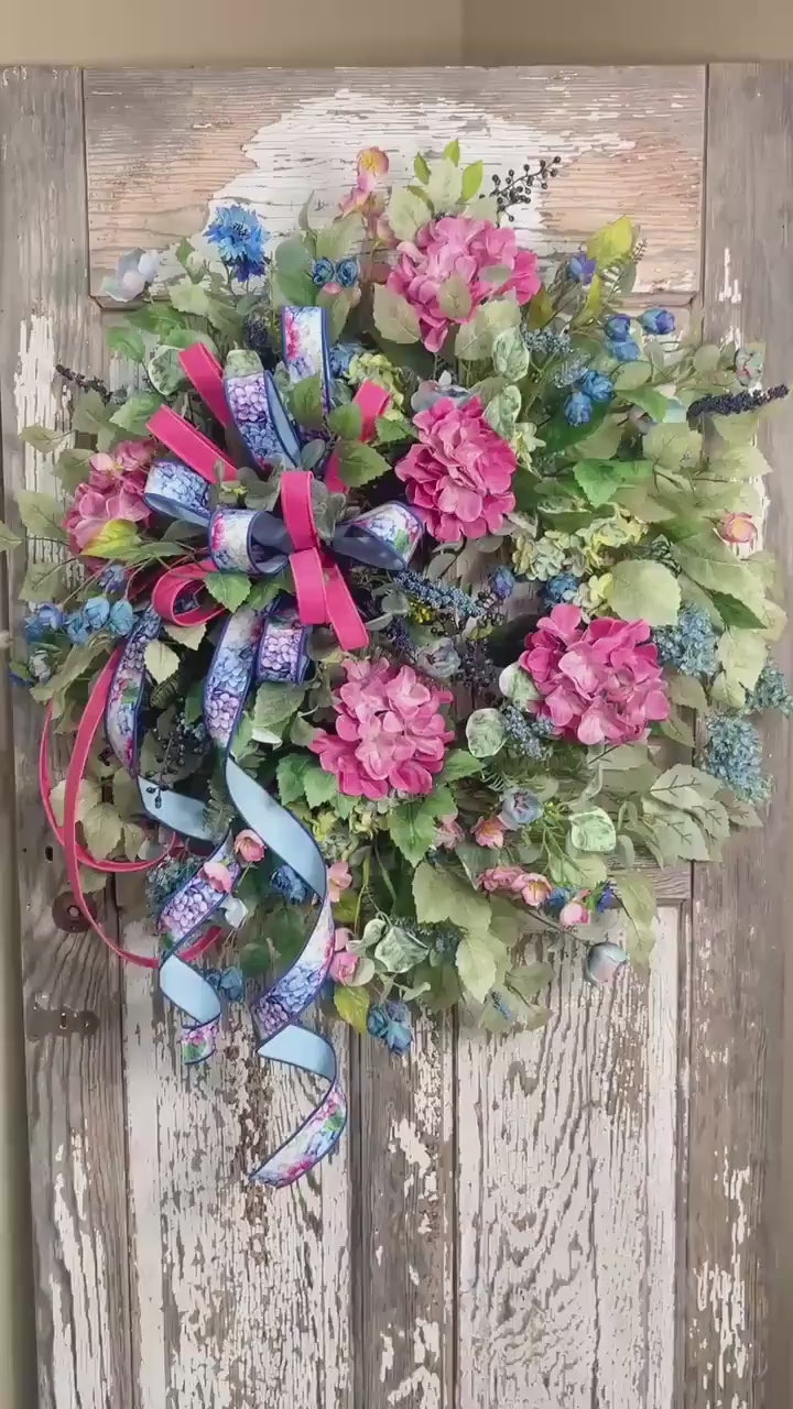 Blue and Pink Hydrangeas Designer Garden Wreath - Designer Bow with tails