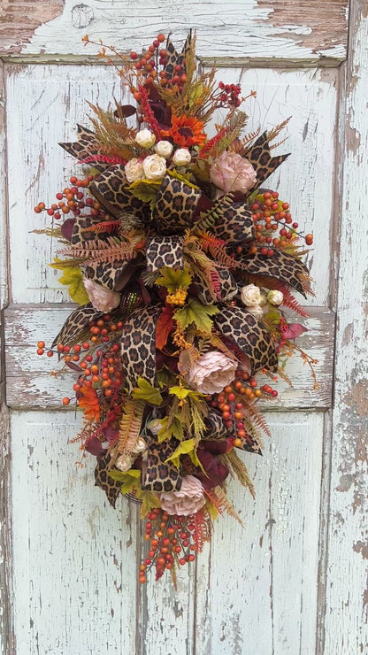 Handmade Fall Swag Wreath with Leopard Print Ribbon