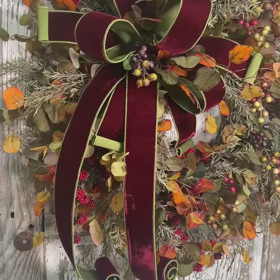 Autumn Leaf and Berry Grapevine Wreath = Designer Velvet 2 toned Bow