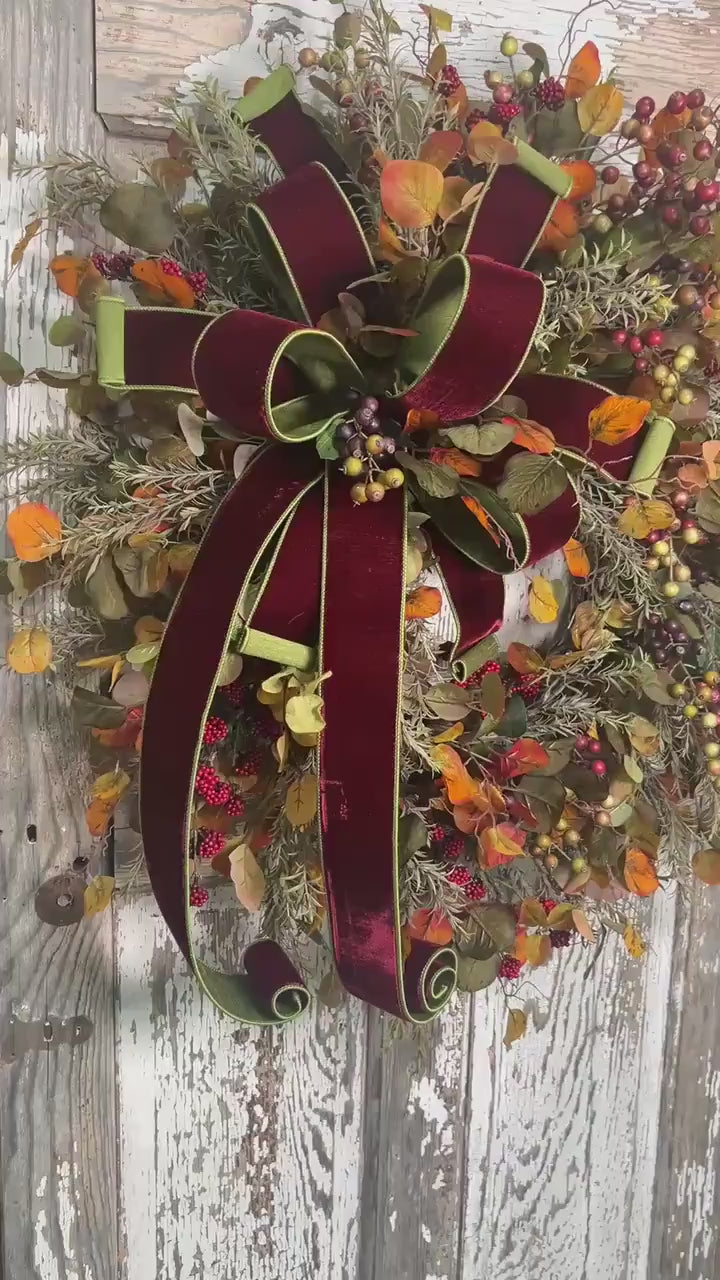 Autumn Leaf and Berry Grapevine Wreath = Designer Velvet 2 toned Bow