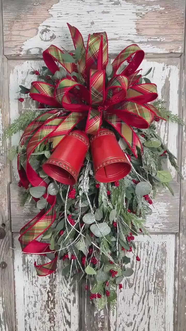 Teardrop Evergreen Swag, with Norfolk Snowy Pine, Berries, Cedar, Birch Twigs, Bells - Designer Bow