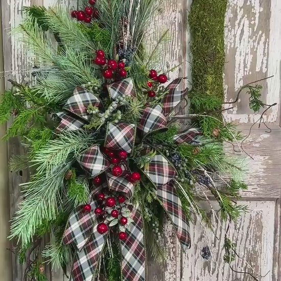 Rustic Woodland Moss Christmas Wreath - Designer ribbon Bow
