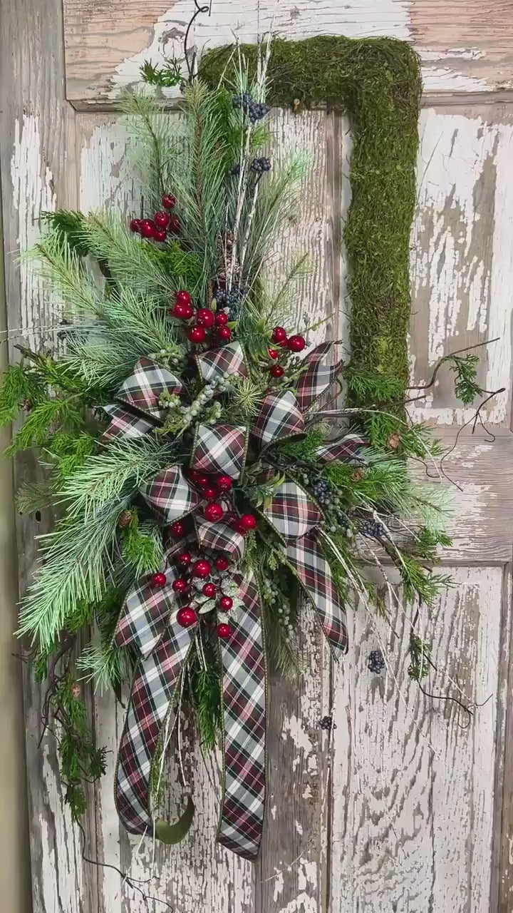Rustic Woodland Moss Christmas Wreath - Designer ribbon Bow