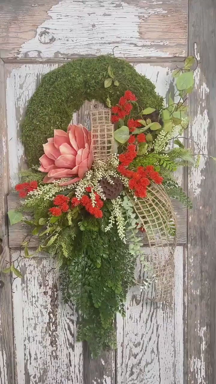 Spring Lotus Blossom Moss Wreath - Meadow Thistle with Natural Jute Netting
