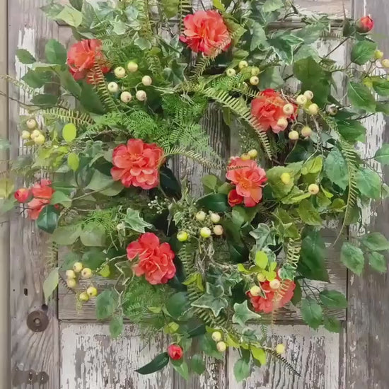 Spring Floral Woodland Grapevine Wreath - Camelias with Ferns and Berries