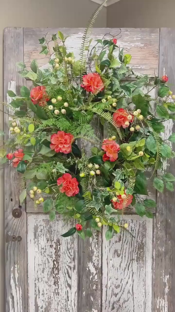 Spring Floral Woodland Grapevine Wreath - Camelias with Ferns and Berries
