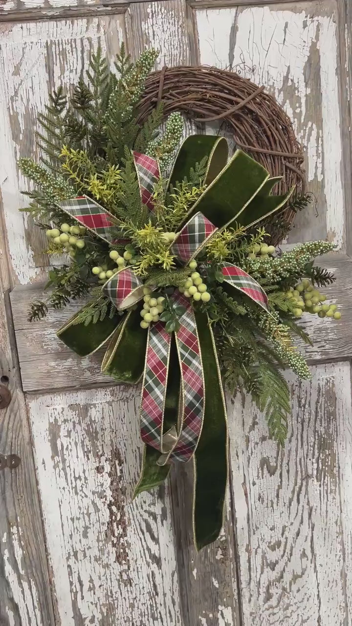 Greenery Christmas Wreath with Plaid and Velvet Bows, Rustic Holiday Wreath for Front Door, Winter Farmhouse Wreath, Evergreen Decor