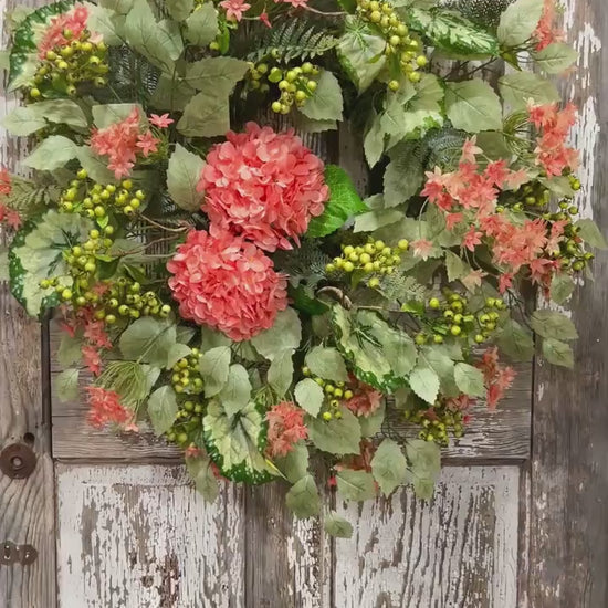Coral Hydrangea Wreath – Spring Summer Front Door Decor