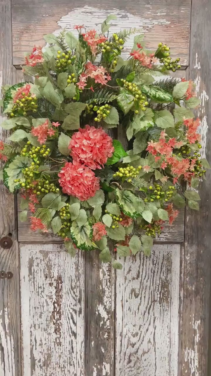 Coral Hydrangea Wreath – Spring Summer Front Door Decor