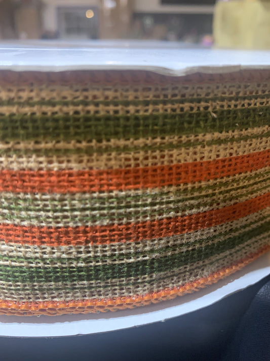 2.5 inch X 50 yard Vert Stripe Faux Burlap OR/GR/TAN