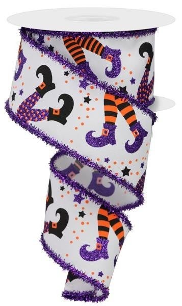 2.5inx10yd Witch Legs on WHITE w/Fringe Halloween ooo