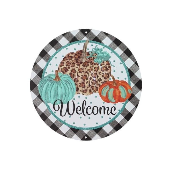 8in WELCOME Pumpkins glitter TEAL/LEAPARD