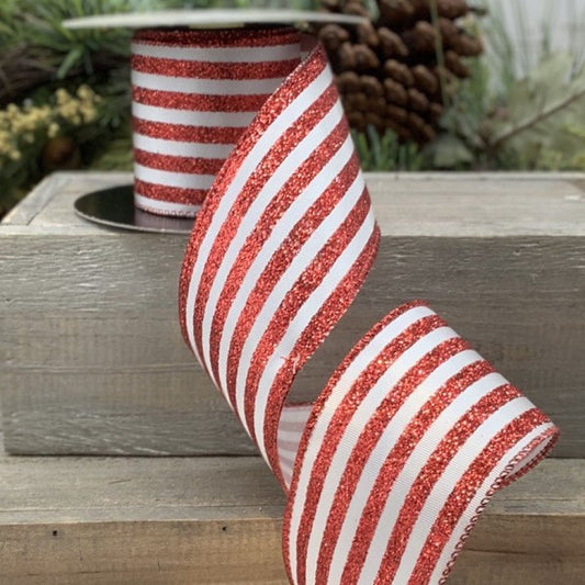 2.5inx10yd Satin Glitter Stripe RD/WH
