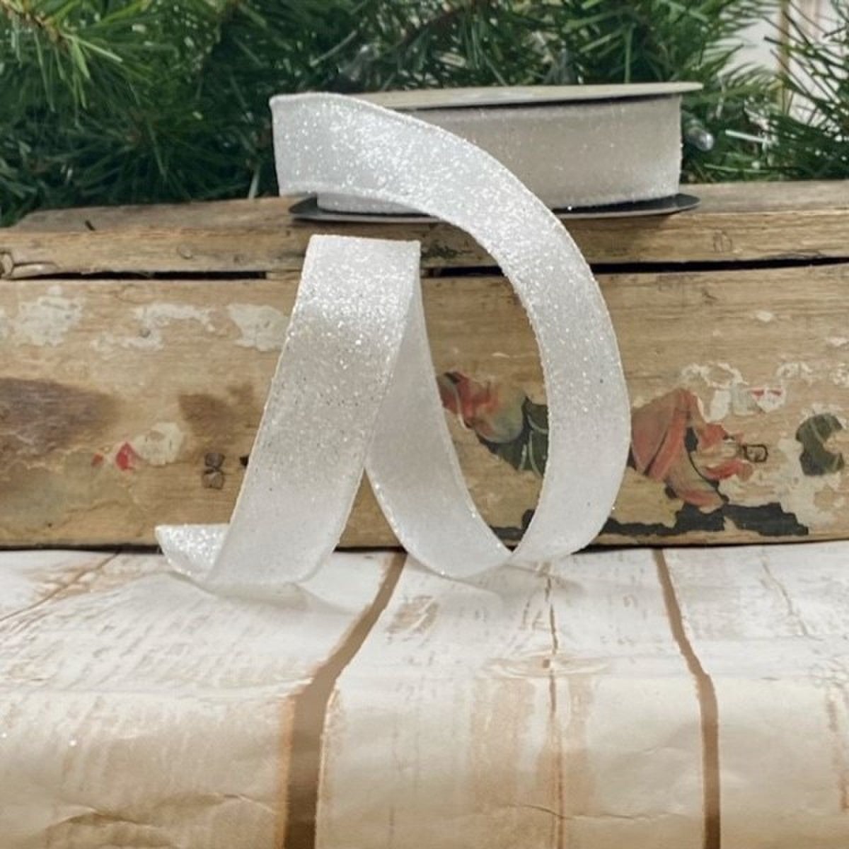 7/8in x 10yd Frosted Satin Glitter WHITE