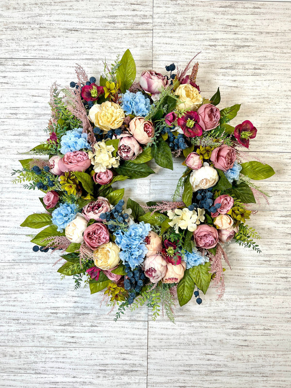 Spring Wreath for front door, Victorian Style Wreath, Everyday Floral Wreath, Spring wreath with hydrangeas, Wreath with peonies,
