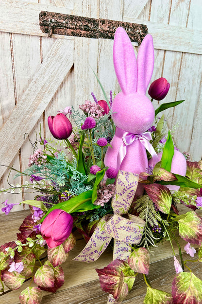 Easter Centerpiece with Flocked Bunny, Flocked Easter Bunny, Bunny Centerpiece, Easter Table Decor, Easter gift, Purple Easter Bunny,